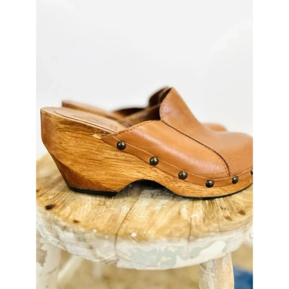 Vintage Y2K London Underground Leather Wooden Platform‎ Clog Size 37
